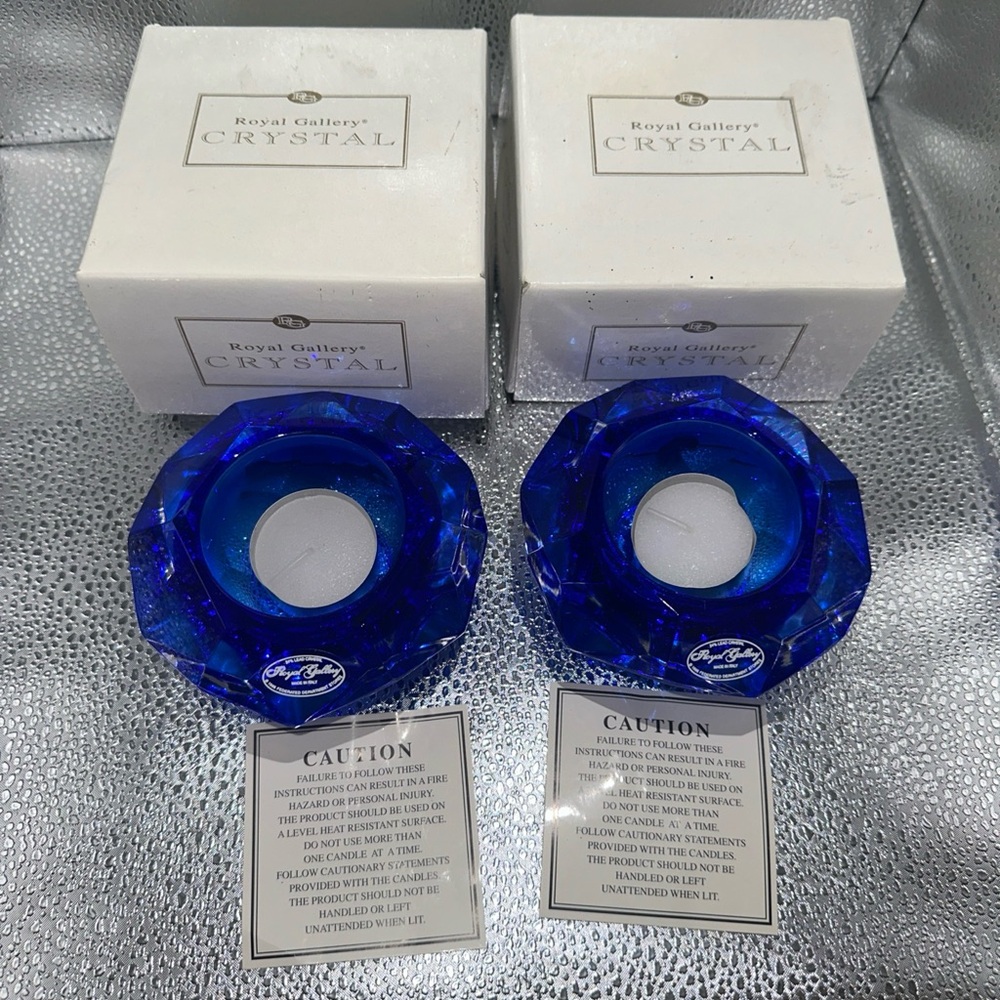 Royal Gallery Italy Blue Crystal Candle Holders 4” - Picture 2 of 13